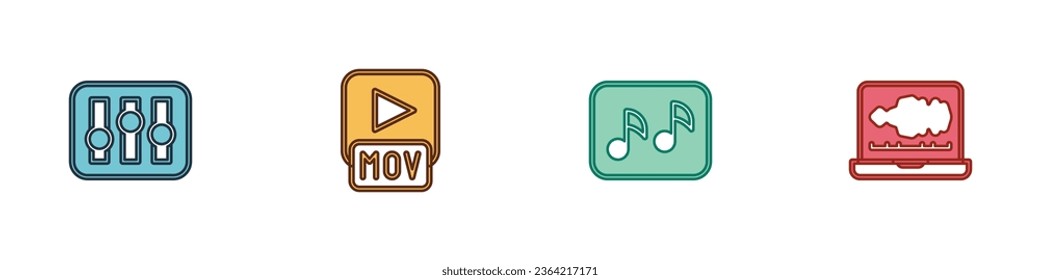 Set Sound mixer controller, MOV file, Music note, tone and or audio recorder icon. Vector