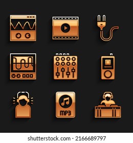 Set Sound mixer controller, MP3 file document, DJ playing music, Music player, Man headphones, Oscilloscope, Electric plug and  icon. Vector