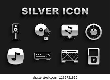 Set Sound mixer controller, Music player, Guitar amplifier, note, tone, Stereo speaker and DJ playing music icon. Vector