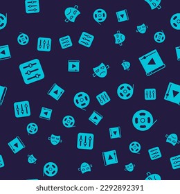 Set Sound mixer controller, Online play video, Drama theatrical mask and Film reel on seamless pattern. Vector