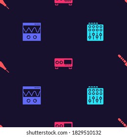 Set Sound mixer controller, Oscilloscope, Guitar amplifier and Audio jack on seamless pattern. Vector.