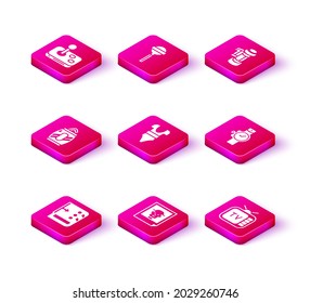 Set Sound mixer controller, Photo, Soda can with straw, Swimsuit, Retro tv, Wrist watch, Camera cartridge and Lollipop icon. Vector