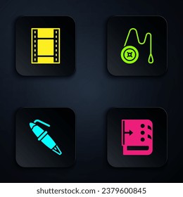 Set Sound mixer controller, Play Video, Fountain pen nib and Yoyo toy. Black square button. Vector