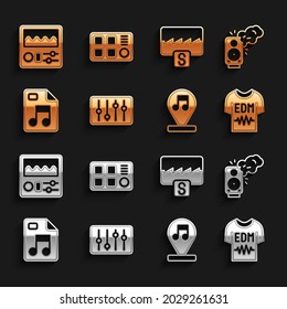 Set Sound mixer controller, Stereo speaker, T-shirt, Music note, tone, MP3 file document, wave equalizer, Drum machine and  icon. Vector