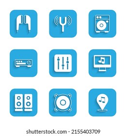 Set Sound mixer controller, Stereo speaker, Location musical note, Computer with, Guitar amplifier and Air headphones icon. Vector