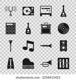 Set Sound mixer controller, Stereo speaker, Vinyl disk, Guitar amplifier, Drum machine, Musical tuning fork and  icon. Vector