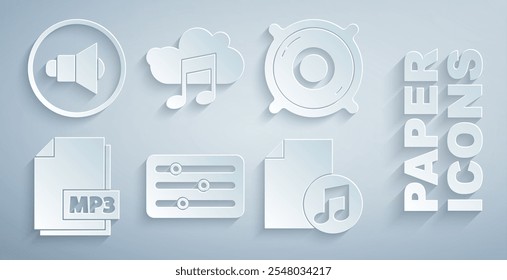 Ajuste el controlador del mezclador de sonido, el altavoz estéreo, el documento de archivo MP3, el libro de música con nota, el servicio de transmisión y el icono de volumen del altavoz. Vector