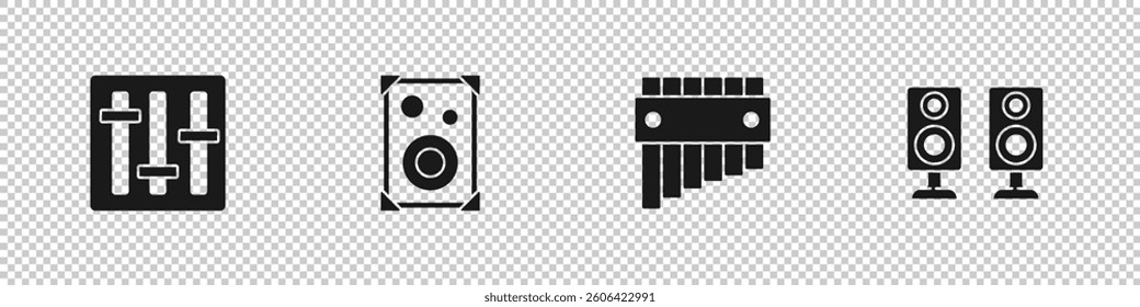 Set Sound mixer controller, Stereo speaker, Pan flute and  icon. Vector