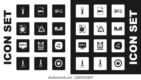Set Sound mixer controller, Triangle musical instrument, Guitar amplifier, Microphone, Home stereo with two speakers, MP4 file document, Music note, tone and  icon. Vector