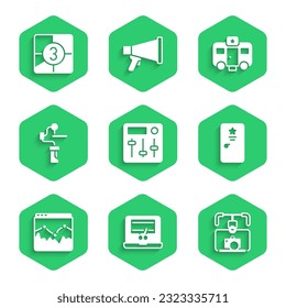 Set Sound mixer controller, Video recorder laptop, Gimbal stabilizer with camera, Backstage, Music wave equalizer, for, Actor trailer and Old film movie countdown frame icon. Vector