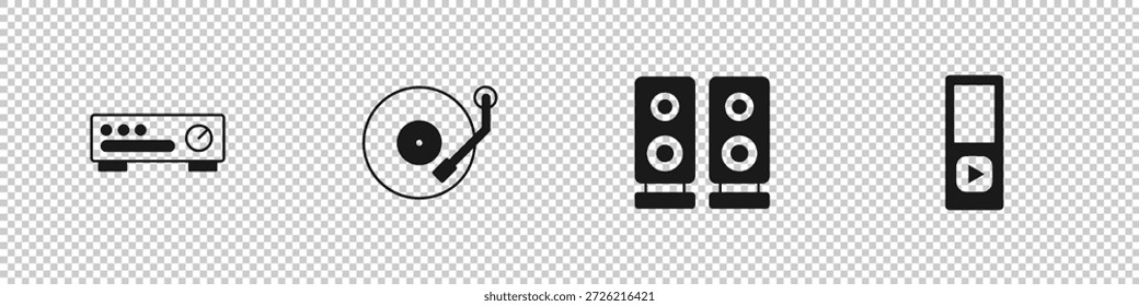 Ajuste el controlador del mezclador de sonido, el reproductor de vinilo, el altavoz estéreo y el icono de música. Vector