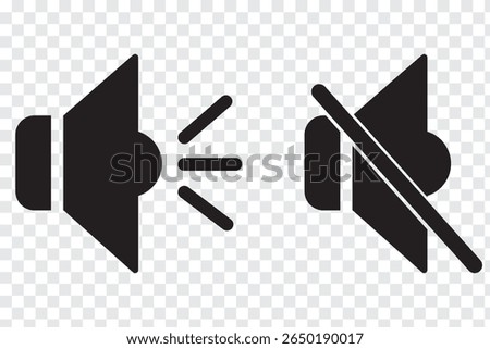 Set of a Sound On and Off Icon Vector. Speaker icon vector. Mute speaker, sound off icon vector set, increases and reduces the sound. Volume symbol, speaker sign, isolated On a white background.