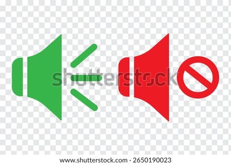 Set of a Sound On and Off Icon Vector. Speaker icon vector. Mute speaker, sound off icon vector set, increases and reduces the sound. Volume symbol, speaker sign, isolated On a white background.