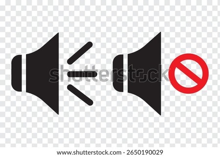 Set of a Sound On and Off Icon Vector. Speaker icon vector. Mute speaker, sound off icon vector set, increases and reduces the sound. Volume symbol, speaker sign, isolated On a white background.
