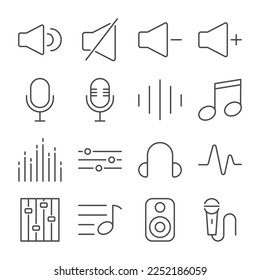 Set of Sound Outline Icon. Mic, Sound Wave, Volume, Lyric, and more. Editable Stroke. Isolated on White Background. Vector