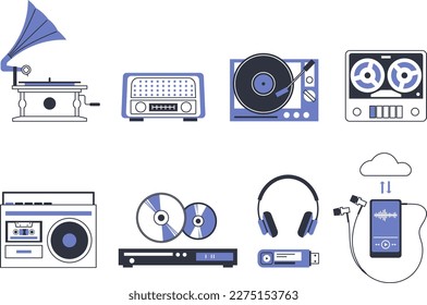 A set of sound reproducing devices from different eras. The evolution of audio devices.