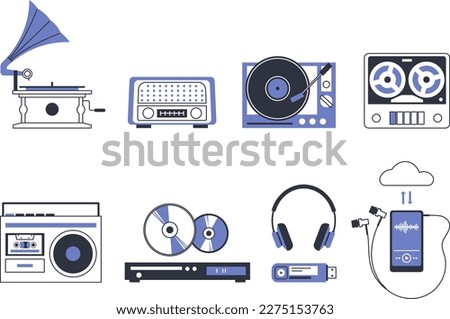A set of sound reproducing devices from different eras. The evolution of audio devices.