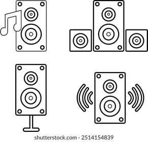 Satz von Lautsprechern, akustischen Ton für Konzert oder Heimkino-Stereoanlage einzeln auf transparentem Hintergrund. Lautsprecher Bluetooth Musik Lautsprecher Box Vektorgrafiken Symbole in schwarzen Outline-Stile.