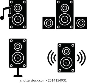 Satz von Lautsprechern, akustischen Ton für Konzert oder Heimkino-Stereoanlage einzeln auf transparentem Hintergrund. Lautsprecher Bluetooth Musik Lautsprecher Box Vektorgrafiken Symbole in schwarzen flachen Stilen.