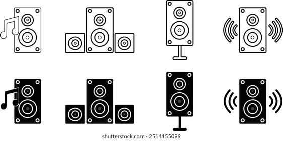 Conjunto de altavoz de sonido, audio acústico para concierto o sistema estéreo de cine en casa aislado sobre fondo transparente. Vectores de caja de altavoces de audio de música Bluetooth en negro Flat, estilos de contorno.