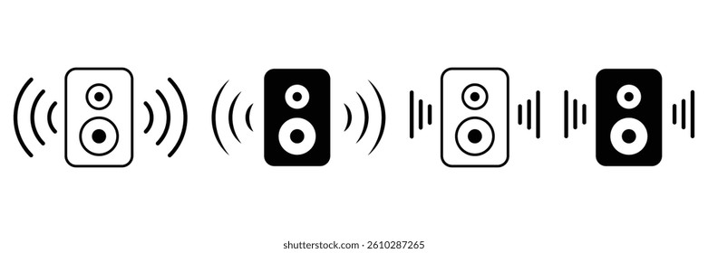 Set of sound speaker, acoustic audio for concert or home cinema stereo system isolated on transparent background with sound wave sign. Outlined and flat black symbol collection illustration. 
