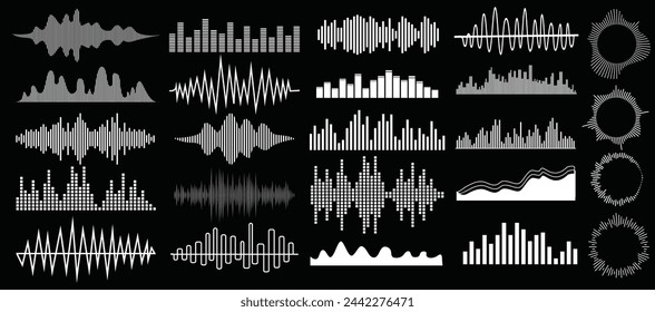 Set Sound vibration waves in different shapes set isolated elements set of vibration and waving lines Vector illustration.