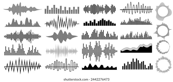 Set Sound vibration waves in different shapes set isolated elements set of vibration and waving lines Vector illustration.