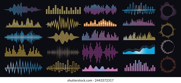 Set Sound vibration waves in different shapes set isolated elements set of vibration and waving lines Vector illustration.