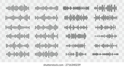 Satz von Klangwelle schwarz einzeln auf transparentem Hintergrund Audio-Technologie für Musik und Sprachspektrum Visualisierer Wellenform Entzerrer