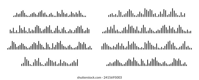 Set of sound wave forms. Voicemail, audio message, record signs. Podcast, radio, music player equalizer, song track, pulse spectrum pictograms isolated on white background. Vector graphic illustration