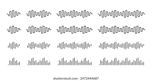 Un conjunto de iconos de ondas de sonido, un espectro de sonido de voz o música, una forma de onda de sonido, una línea de onda de sonido. 