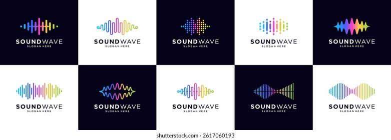 Set of sound wave logo template. Abstract vibration pulse icon vector illustration.