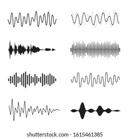 Set of sound waves. Analog and digital line waveforms. Musical sound waves, equalizer and recording concept. Electronic sound signal, voice recording. Vector