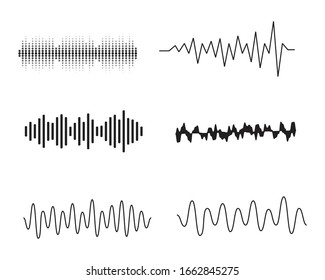 
Set of sound waves. Analog and digital line waveforms. Musical sound waves, equalizer and recording concept. Electronic sound signal, voice recording 