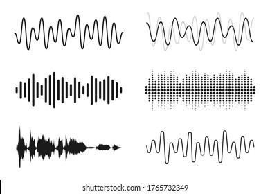 Set of sound waves. Analog and digital line waveforms. Musical sound waves, equalizer and recording concept. Electronic sound signal, voice recording. Vector