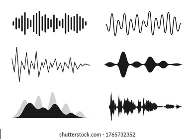 Conjunto de ondas sonoras. Formas de onda de línea analógica y digital. Olas musicales de sonido, ecualizador y concepto de grabación. Señal de sonido electrónica, grabación de voz. Vector