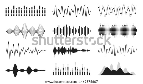 Set of sound waves. Analog and\
digital line waveforms. Musical sound waves, equalizer and\
recording concept. Electronic sound signal, voice recording.\
Vector