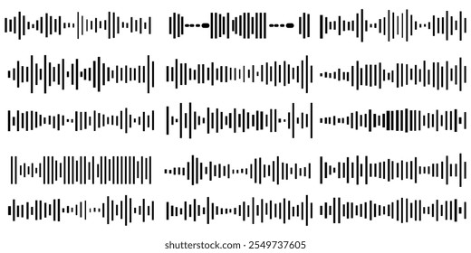 Conjunto de ondas de som, equalizador, onda de música, formas de onda de linha analógica e digital. Símbolo de som de áudio, frequência de sinal de rádio e onda de visualização de voz digital. Sinal de radar, ícones de gravação de som de sonar