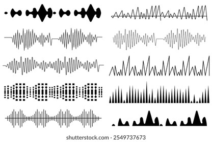 Conjunto de ondas de som, equalizador, onda de música, formas de onda de linha analógica e digital. Símbolo de som de áudio, frequência de sinal de rádio e onda de visualização de voz digital. Sinal de radar, ícones de gravação de som de sonar