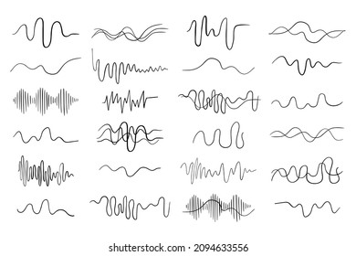 Set sound waves isolated on white background. Several kind form music audio frequency, soundtrack, voice line waveform, amplitude waveforms, electronic radio signal, volume level. Vector illustration