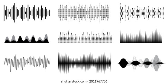 set of sound waves music in black and white or equalize music wave bar or audio frequency voice bar concept. eps vector