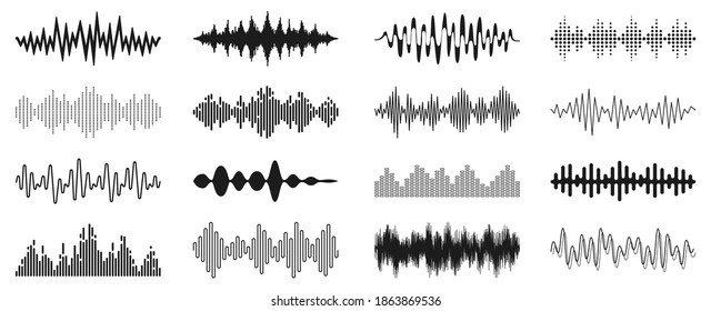 Set sound waves sign, musical sound wave collection icon, digital and analog line waveforms, electronic signal, voice recording, equalizer - stock vector