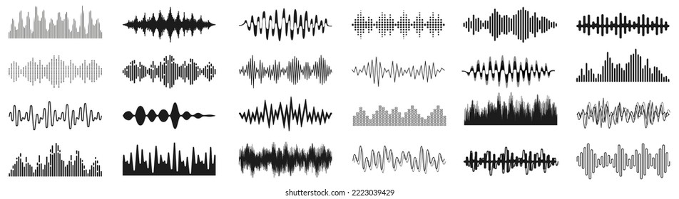 Set sound waves sign, musical sound wave collection icon, digital and analog line waveforms, electronic signal, voice recording, equalizer - vector