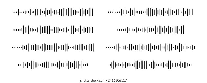 Set of soundwave icons. Voicemail, audio chat message, voice record signs. Streaming, podcast, radio, music player equalizer pictograms isolated on white background. Vector graphic illustration