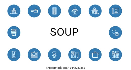 Set of soup icons such as Restaurant, Cooking pot, Dried fish, Noodles, Soup, Wine menu, Cook, Kitchen, Pot, Pots, Tomato , soup