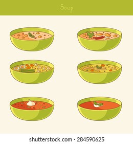 Set of soup icons. Tomato soup, soup-puree with sour cream and vegetables
