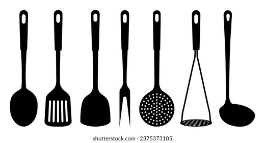 Conjunto de cuchara de sopa y cuchara de yerba, cocina Spatula, masher de papa, cuchara de skimmer, tenedor de carne, cuchara grande, siluetas de utensilios de cocina, aisladas en fondo blanco. Diseño plano vectorial