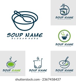 Set of Soup logo design concept. Food Cooking logo vector. Kitchen logo with pot full of vegetables.