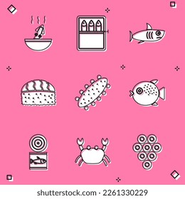 Set Soup with octopus, Canned fish, Shark, Sushi, Sea cucumber, Puffer,  and Crab icon. Vector