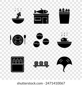Set Sopa con pulpo, Tienda de mariscos, Pesca de balde, Enlatados, Sushi en tabla de cortar, Stingray, Plato de cangrejo servido e icono de Takoyaki. Vector
